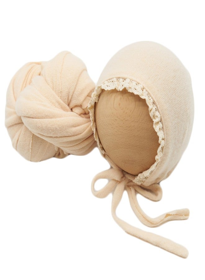 Vemonllas Newborn Photography Wrap Prop Newborn Photoshoot Outfits Ruffle Bonnet Baby Girl Boy Photo Lace Edge Hat Set (Bonnet and Wrap, Beige) - Image 1