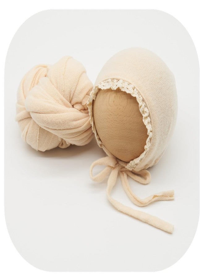 Vemonllas Newborn Photography Wrap Prop Newborn Photoshoot Outfits Ruffle Bonnet Baby Girl Boy Photo Lace Edge Hat Set (Bonnet and Wrap, Beige) - Image 3