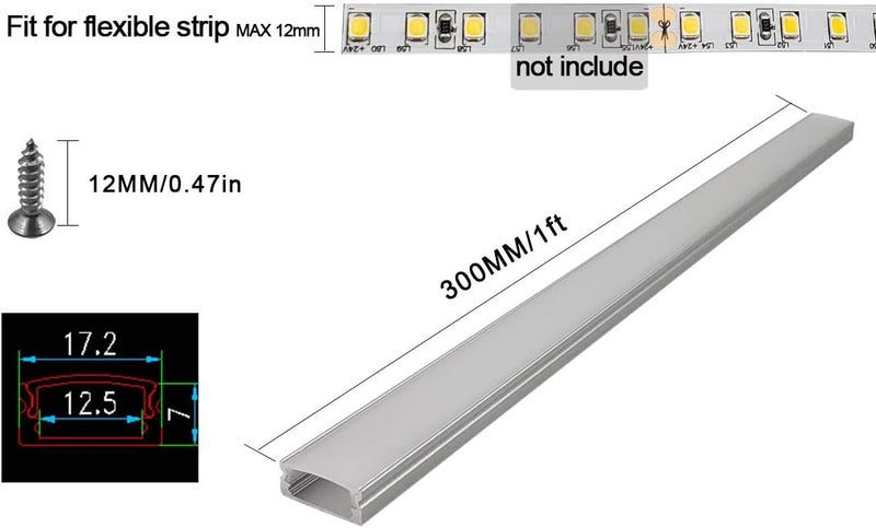 HAMRVL 6-Pack 30cm/1ft 17.2x7mm نظام قناة ألومنيوم LED على شكل حرف U مع غطاء، ناشر ضوء شريط LED مع أغطية نهاية بيضاء ومشابك تثبيت ملحقات لتركيبات الإضاءة تحت الخزانة للاستخدام الداخلي - Image 2