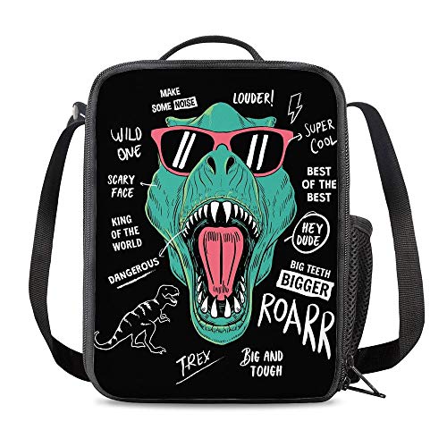 PrelerDIY Hipster Sunglasses Dinosaur Lunch Bag Tote Lunch Box Food Bag for Boys Girls with Side Pocket & Shoulder Strap - Image 1
