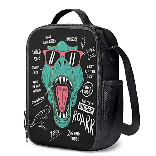 PrelerDIY Hipster Sunglasses Dinosaur Lunch Bag Tote Lunch Box Food Bag for Boys Girls with Side Pocket & Shoulder Strap - Image 2