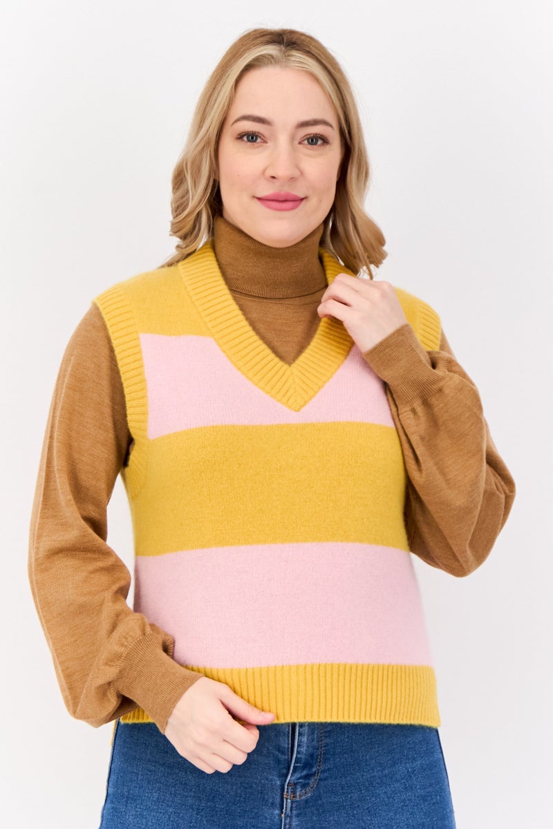 ESPRIT Women V Neck Two Tone Vest Sweater, Multicolor - Image 1