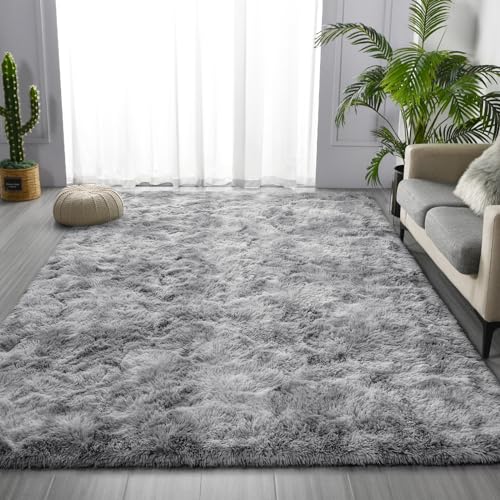 Deerhoo Large Shag Area Rugs 5 x 8, Tie-Dyed Plush Fuzzy Rugs for Living Room, Ultra Soft Fluffy Furry Rug for Bedroom, Indoor Carpet Nursery Rugs for Kids Room Home Decor, Light Grey - Image 2