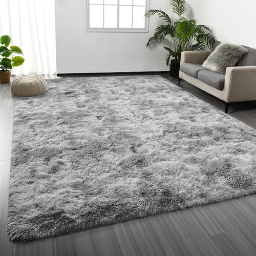 Deerhoo Large Shag Area Rugs 5 x 8, Tie-Dyed Plush Fuzzy Rugs for Living Room, Ultra Soft Fluffy Furry Rug for Bedroom, Indoor Carpet Nursery Rugs for Kids Room Home Decor, Light Grey - Image 1