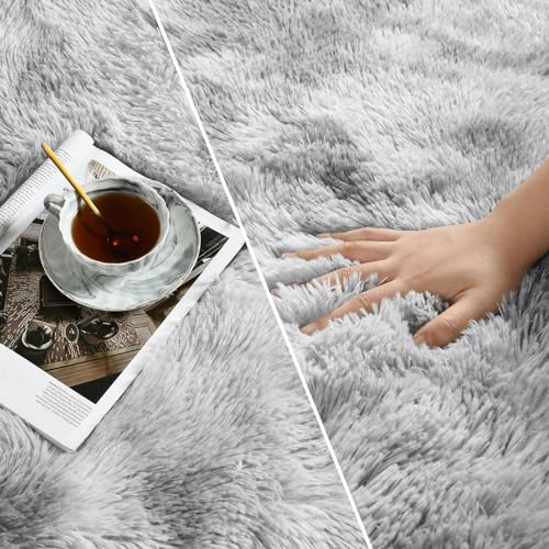Deerhoo Large Shag Area Rugs 5 x 8, Tie-Dyed Plush Fuzzy Rugs for Living Room, Ultra Soft Fluffy Furry Rug for Bedroom, Indoor Carpet Nursery Rugs for Kids Room Home Decor, Light Grey - Image 3