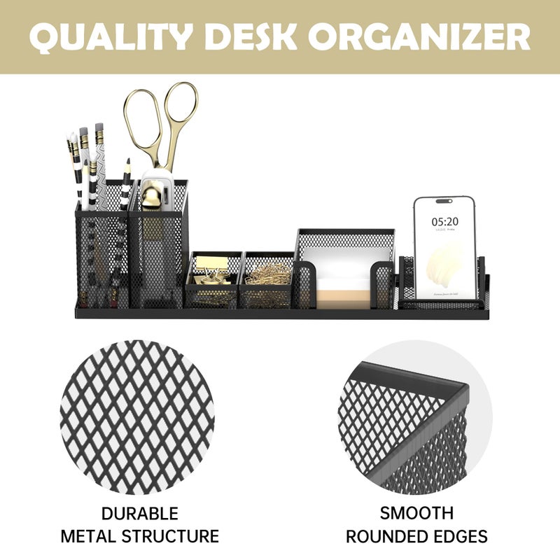 SUPEASY Pen Holder for Desk, 6 Piece Mesh Desk Organizer set for Office Organization with Mail Organizer, Letter Phone Holder, Sticky Notes Caddy Storage, Black - Image 4