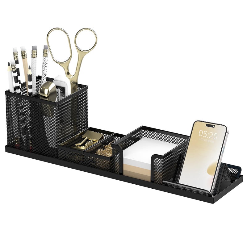 SUPEASY Pen Holder for Desk, 6 Piece Mesh Desk Organizer set for Office Organization with Mail Organizer, Letter Phone Holder, Sticky Notes Caddy Storage, Black - Image 1