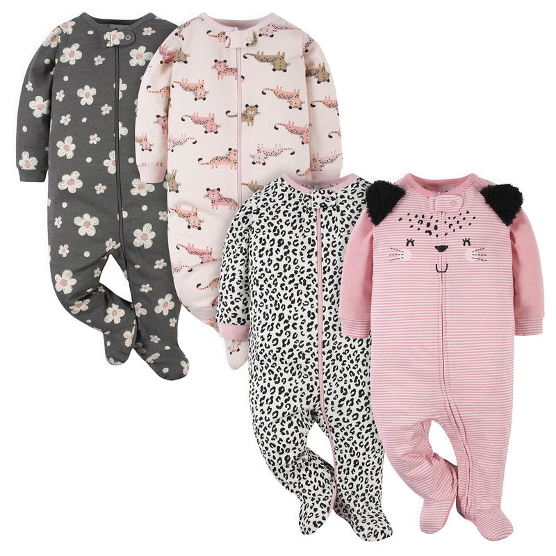 Gerber Baby Girls 4 Pack 'N Play Footie And Toddler Sleepers, Leopard Pink, Newborn US - Image 1