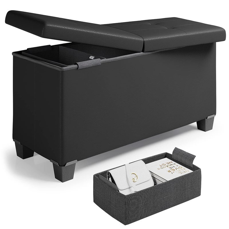 Nestl Storage Ottoman Bench with Storage Bins 30In Storage Bench for Bedroom End of Bed Folding Foot Rest Ottoman with Storage for Living Room Storage Chest Max 660lbs Faux Leather Ottoman Black