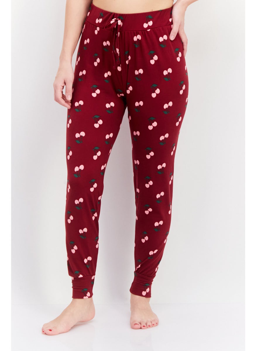 French Affair Women Allover Print Drawstring Pyjama, Maroon  - Image 1