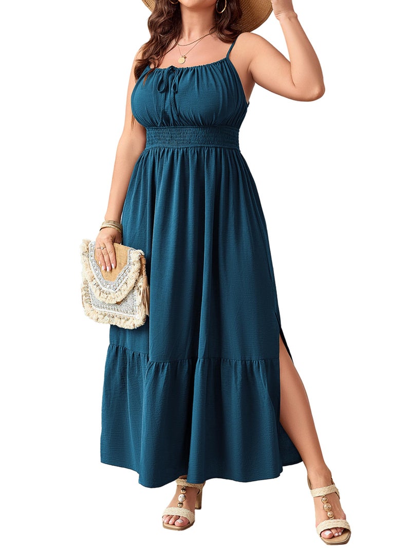 SCOMCHIC Plus Size Summer Boho Dresses Spaghetti Strap Sleeveless Casual Sundress Smocked Flowy Slit Beach Maxi Dress Lake Blue - Image 1