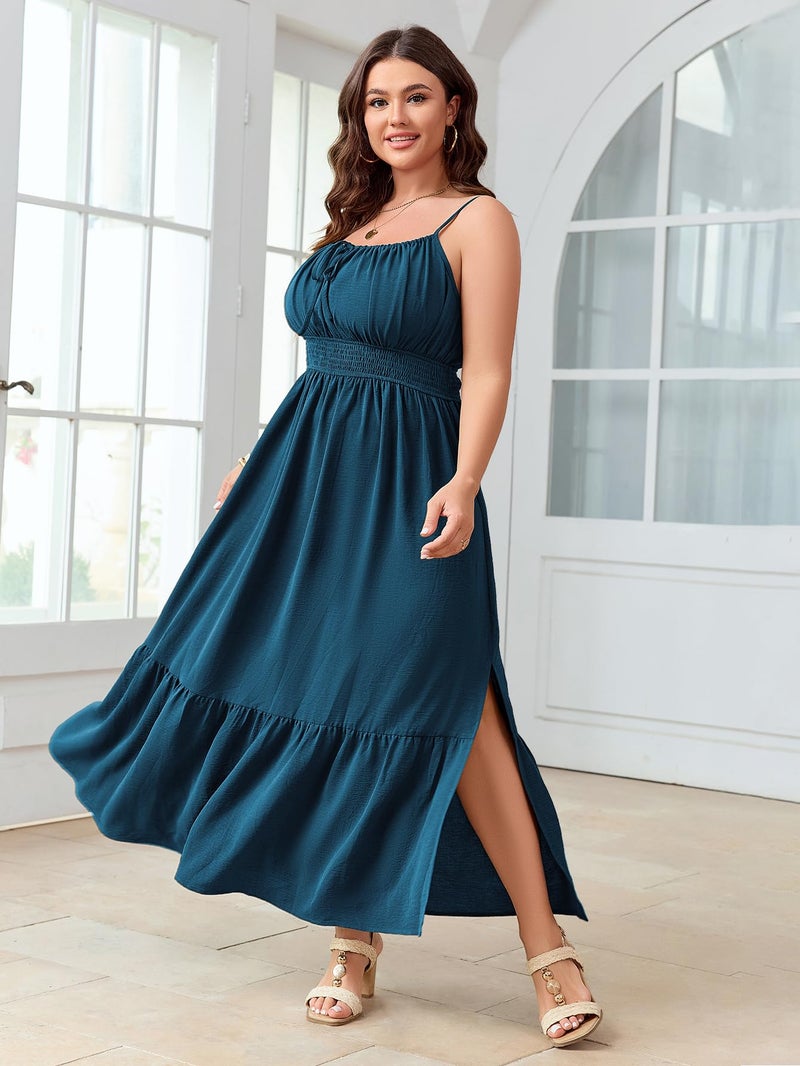 SCOMCHIC Plus Size Summer Boho Dresses Spaghetti Strap Sleeveless Casual Sundress Smocked Flowy Slit Beach Maxi Dress Lake Blue - Image 5