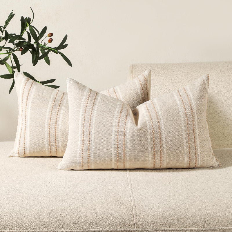 Hckot Throw Pillow Covers 12x20 Set of 2 Striped Pillow Covers Textured Linen Decorative Pillows Lumbar Cushion Covers for Sofa Couch Bed Living Room Farmhouse Decor, Khaki - Image 1