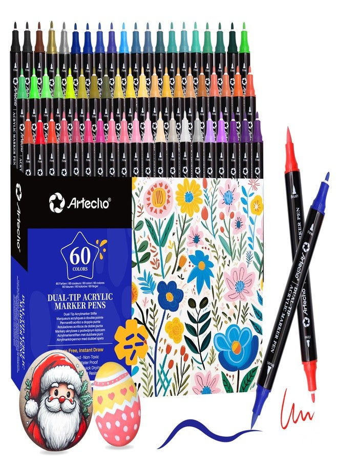Artecho Acrylic Paint Pens 60 Colors, Dual Tip Acrylic Paint Markers with Brush Tip and Fine Tip for Rock Painting, Glass, Paper, Wood, Egg, Canvas, Ceramic, Fabric, leather, DIY Crafts - Image 1