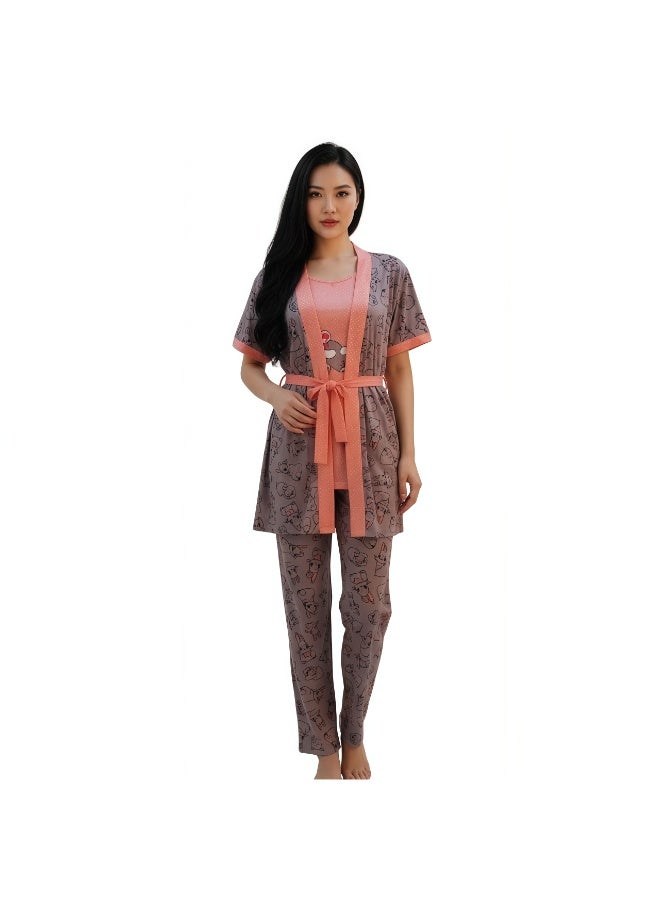 جوانا طقم نوم نسائي مكون من 3 قطع: روب بأكمام قصيرة، توب بكاميرا وبنطال - مع حزام خصر قابل للإزالة، رمادي - Image 1