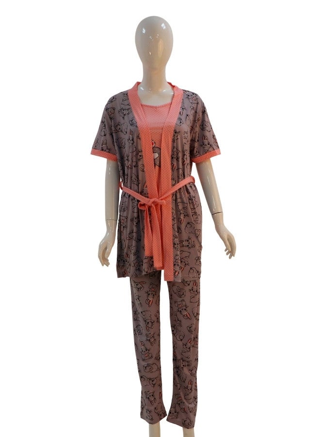 JOANNA JOANNA Women's Short Sleeve Robe Cami & Trouser 3 Pieces Set  Sleepwear with Removable Waist Belt, Grey  - Image 1