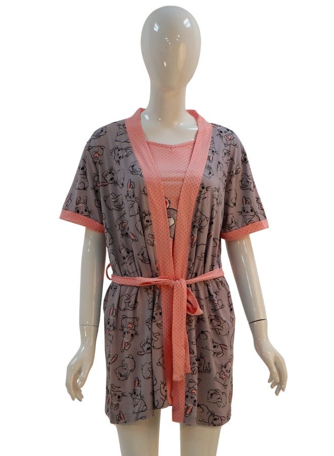 JOANNA JOANNA Women's Short Sleeve Robe Cami & Trouser 3 Pieces Set  Sleepwear with Removable Waist Belt, Grey  - Image 3