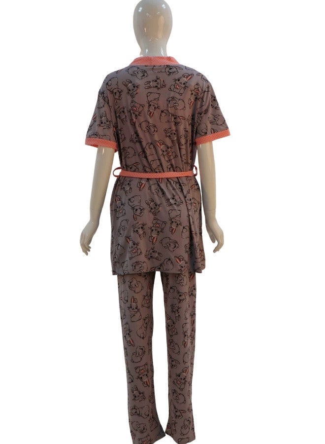 JOANNA JOANNA Women's Short Sleeve Robe Cami & Trouser 3 Pieces Set  Sleepwear with Removable Waist Belt, Grey  - Image 2