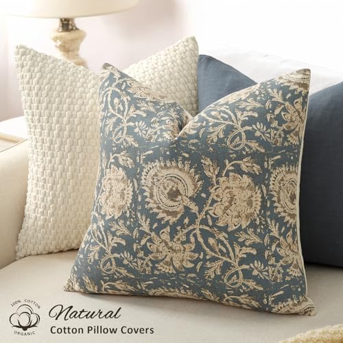 DKwizme Vintage Floral Print Throw Pillow Covers 18x18 Set of 2 Neutral Modern Farmhouse Pillowcase Accent Decorative Cushion Covers Boho Home Decor for Couch Sofa Chair Bed Living Room, Dusty Blue - Image 2