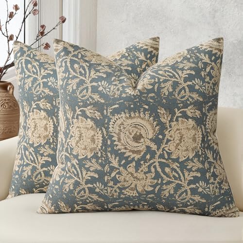 DKwizme Vintage Floral Print Throw Pillow Covers 18x18 Set of 2 Neutral Modern Farmhouse Pillowcase Accent Decorative Cushion Covers Boho Home Decor for Couch Sofa Chair Bed Living Room, Dusty Blue - Image 1