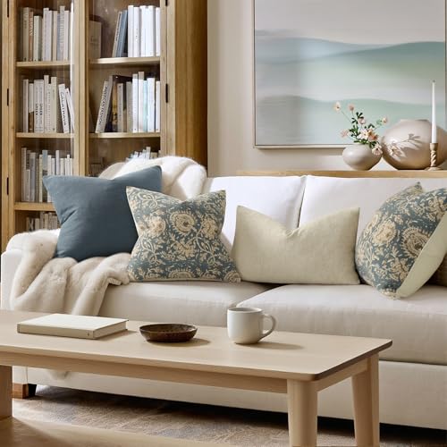 DKwizme Vintage Floral Print Throw Pillow Covers 18x18 Set of 2 Neutral Modern Farmhouse Pillowcase Accent Decorative Cushion Covers Boho Home Decor for Couch Sofa Chair Bed Living Room, Dusty Blue - Image 4