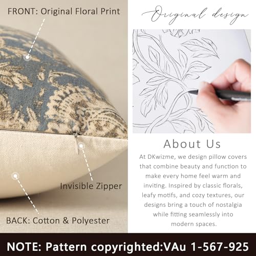 DKwizme Vintage Floral Print Throw Pillow Covers 18x18 Set of 2 Neutral Modern Farmhouse Pillowcase Accent Decorative Cushion Covers Boho Home Decor for Couch Sofa Chair Bed Living Room, Dusty Blue - Image 3