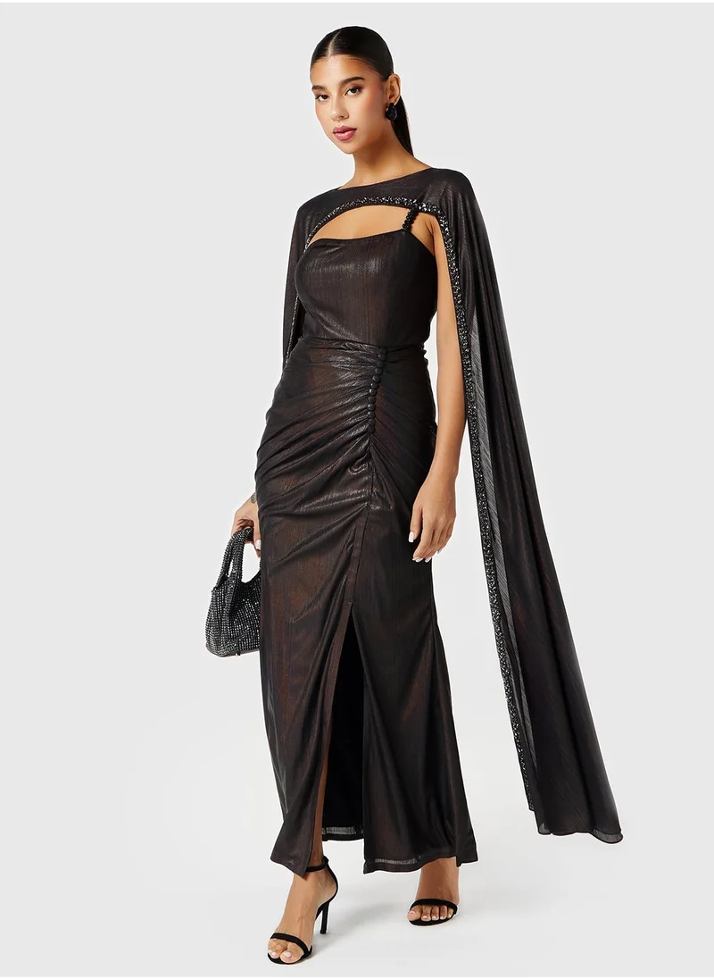 Threadz by Ajooni Neck Cut-Out Metallic Cape Dress