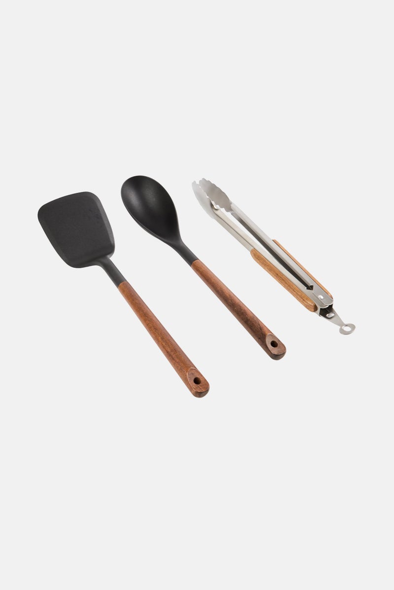 Just Cook 3 Pcs Acacia Wood And Stainless Steel Handle Non Stick Utensil Set, Multicolor - Image 2