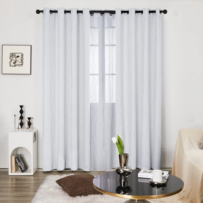 Deconovo Room Darkening Curtains, Greyish White Thermal Grommet Drapes, Silver Wave Dots Foil Print, Noise Reducing Drapes, 52" W x 84" L, 2 Panels, for Bedroom Living Room Dining Room - Image 2