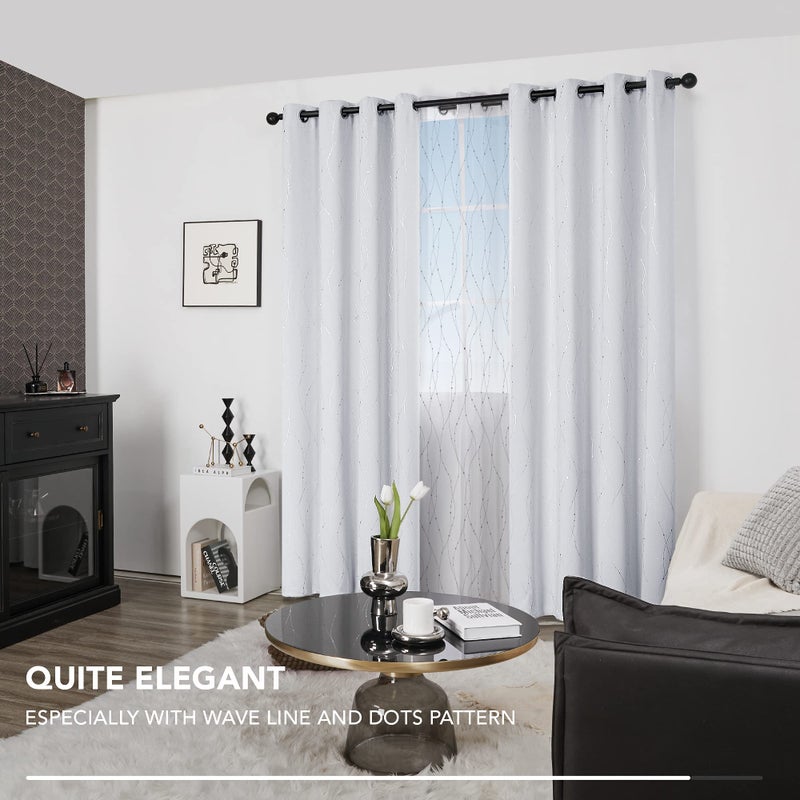 Deconovo Room Darkening Curtains, Greyish White Thermal Grommet Drapes, Silver Wave Dots Foil Print, Noise Reducing Drapes, 52" W x 84" L, 2 Panels, for Bedroom Living Room Dining Room - Image 5
