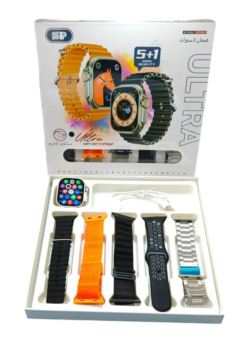 Smart Watch 5+1 Ultra with Finger Sensor for Call Answering, Calorie Counting, and Message Notifications – Supports Arabic Language, Comes with 5 Extra Straps, 49mm, Multi-Color