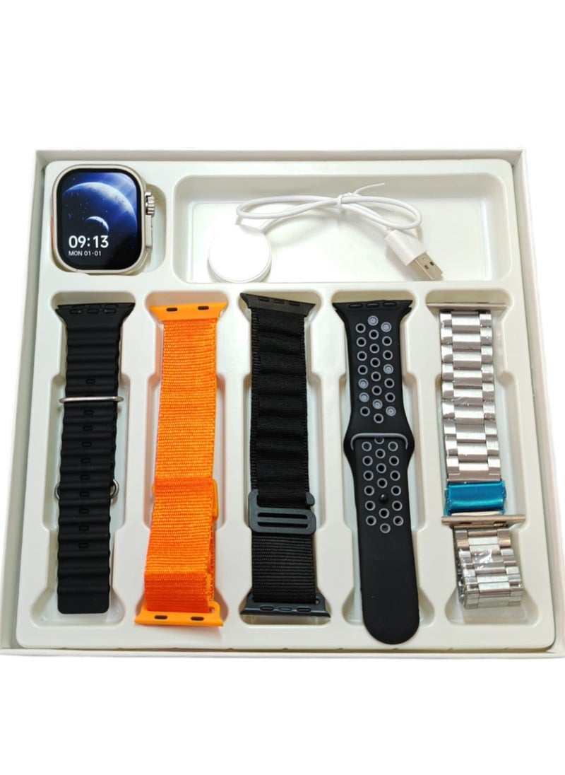 Smart Watch 5+1 Ultra with Finger Sensor for Call Answering, Calorie Counting, and Message Notifications – Supports Arabic Language, Comes with 5 Extra Straps, 49mm, Multi-Color