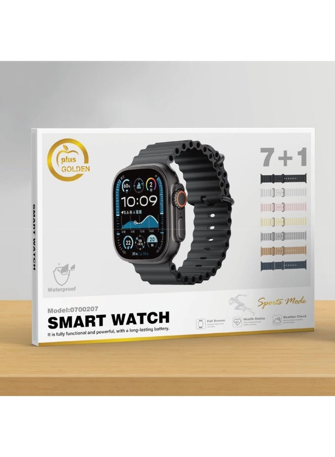جولدن بلس ساعة ذكية  7 +1 مع مستشعر الاصبع للرد على المكالمات وحساب السعرات الحرارية و استقبال الرسائل و تدعم اللغة العربية تأتي5 بأساور اضافية مقاس 49 مم- متعدد الألوان - Image 3