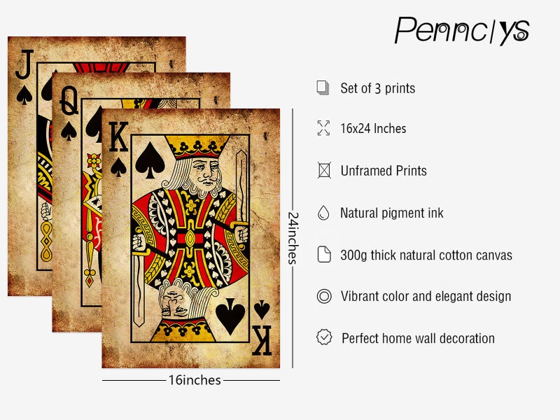 Pennclys Playing Card Wall Art Poster Vintage Poker Canvas Wall Decor Retro Game Room Art Picture Joker King Queen Poster Trendy Retro Prints Vintage Poker Painting Artwork for Bedroom 16x24 Inch Unframed 3Pcs - Image 2