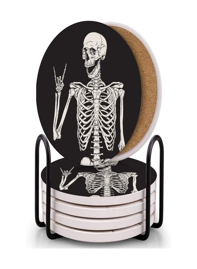 Britimes Coaster for Drinks Set of 6, Human Skeleton Absorbent Round Ceramic Stone Mat, with Cork Base and Metal Holder, Gift for Housewarming Room Bar Decor - Image 1