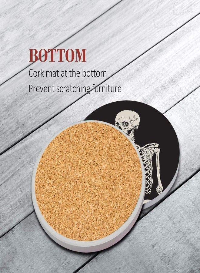 Britimes Coaster for Drinks Set of 6, Human Skeleton Absorbent Round Ceramic Stone Mat, with Cork Base and Metal Holder, Gift for Housewarming Room Bar Decor - Image 4