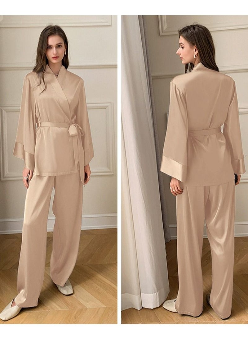 Loquat Women's Solid Color 2-Piece Set Nightgown Sleepwear Long Sleeve Top And Pants Soft Loungewear Pajamas Suit Champagne  - Image 3