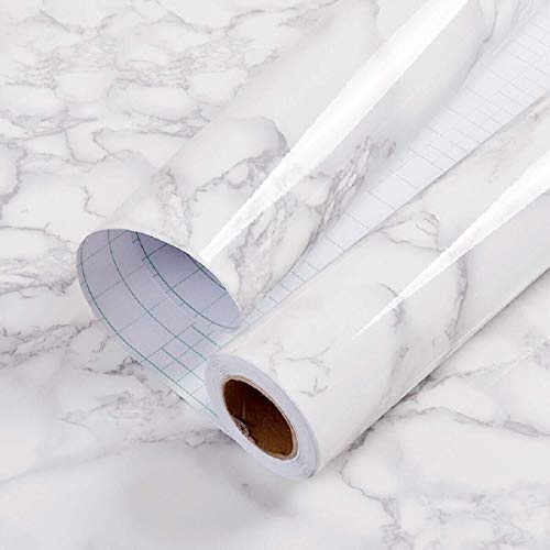 Hode Marble Paper Self Adhesive Vinyl Wrap 44cm X 3m White Grey Contact Wallpaper Sticky Back Plastic Roll Removable Waterproof Furniture Stickers Vinyl Film for Kitchen Countertop Door Table DIY