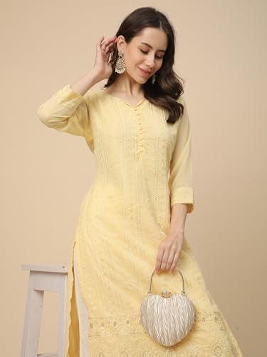 RATAN Women's Georgette Straight Lucknowi Chikankari Ethinic Wear Regular Fit Kurta (VAN-1245-XL_Yellow) - Image 3