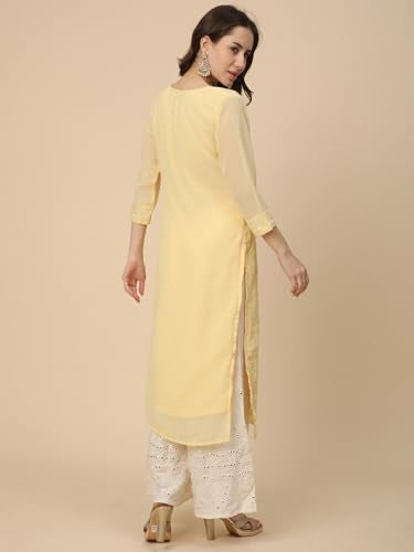 RATAN Women's Georgette Straight Lucknowi Chikankari Ethinic Wear Regular Fit Kurta (VAN-1245-XL_Yellow) - Image 2