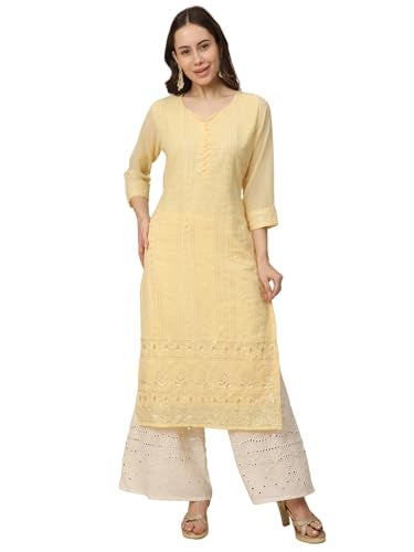 RATAN Women's Georgette Straight Lucknowi Chikankari Ethinic Wear Regular Fit Kurta (VAN-1245-XL_Yellow) - Image 1