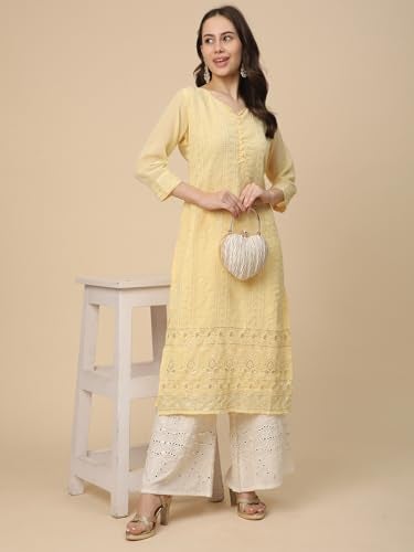 RATAN Women's Georgette Straight Lucknowi Chikankari Ethinic Wear Regular Fit Kurta (VAN-1245-XL_Yellow) - Image 5
