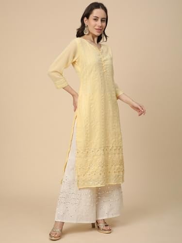 RATAN Women's Georgette Straight Lucknowi Chikankari Ethinic Wear Regular Fit Kurta (VAN-1245-XL_Yellow) - Image 4