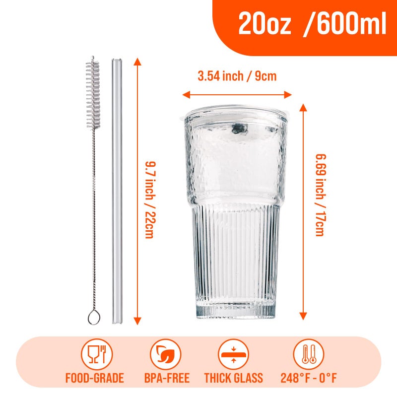 SUROQUE 20oz Glass Tumblers with Lids and Straws - Stylish Vintage Ribbed Design for Iced Coffee, Juice, Smoothies, Milkshakes, Cold Beverages & Whiskey Cocktail Beer - Includes Cleaning Brush (2pack-Frosted) - Image 2