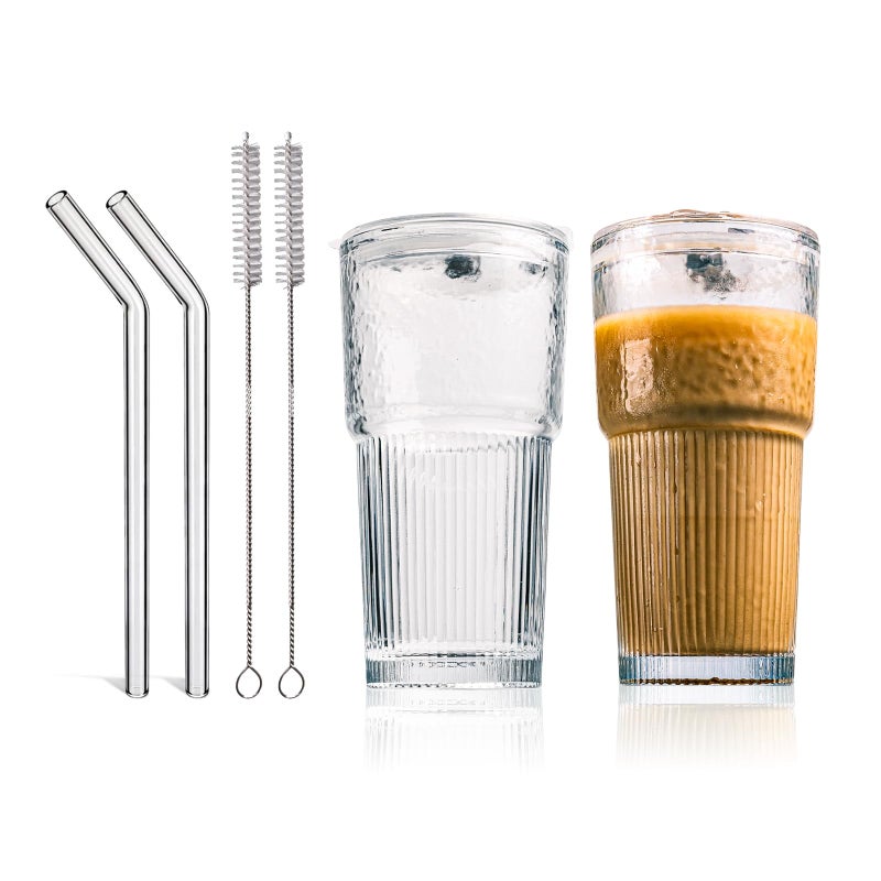SUROQUE 20oz Glass Tumblers with Lids and Straws - Stylish Vintage Ribbed Design for Iced Coffee, Juice, Smoothies, Milkshakes, Cold Beverages & Whiskey Cocktail Beer - Includes Cleaning Brush (2pack-Frosted) - Image 1