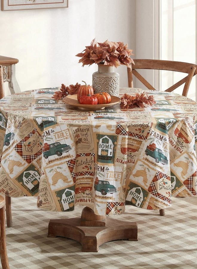 Newbridge Teal Blue Brookside Autumn Farmyard Vinyl Flannel Backed Tablecloth, Farm to Table Thanksgiving Fall Cottage Harvest Wipe Clean Vinyl Tablecloths - Image 1