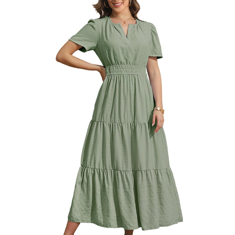 Rainday Womens Casual Maxi Dresses Fashion Holiday Short Sleeved Elastic Waist Beach Boho Dress with Pockets(Z3918GN,M) - Image 1