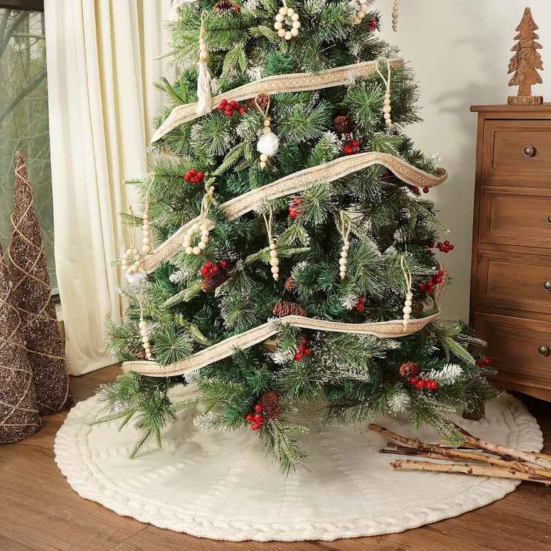 LimBridge 48 Inch Christmas Tree Skirt: Braided Cable Knit Tree Skirt for 7.5FT Tree, Cream White Tree Skirt, Vintage Tree Skirts, Rustic Farmhouse Christmas Decorations - Image 4