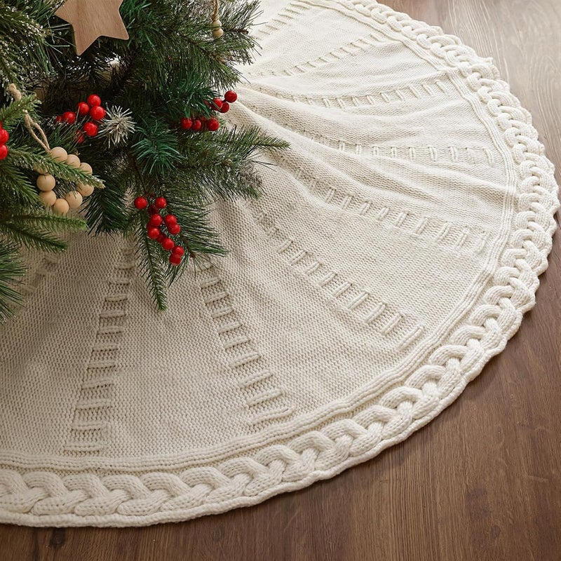 LimBridge 48 Inch Christmas Tree Skirt: Braided Cable Knit Tree Skirt for 7.5FT Tree, Cream White Tree Skirt, Vintage Tree Skirts, Rustic Farmhouse Christmas Decorations - Image 1