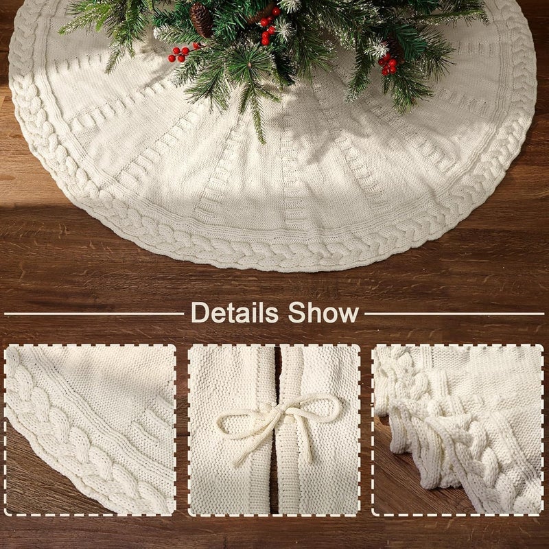 LimBridge 48 Inch Christmas Tree Skirt: Braided Cable Knit Tree Skirt for 7.5FT Tree, Cream White Tree Skirt, Vintage Tree Skirts, Rustic Farmhouse Christmas Decorations - Image 2